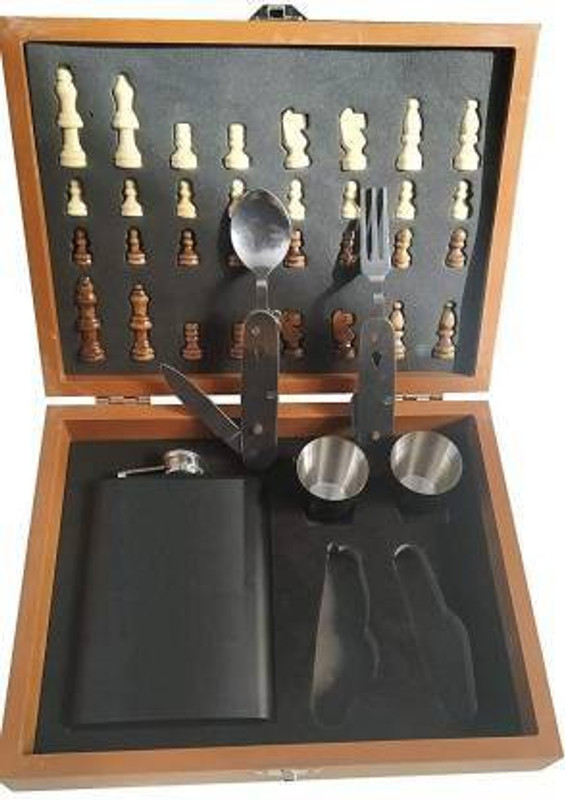 EBOFAB Stainless Steel 235 ml / 2 Shot Glass / 1 Funnel Set/Corkscrew Bottle Opener, Wooden Chess Box - Black Bar Set Stainless Steel Hip Flask(235 ml)