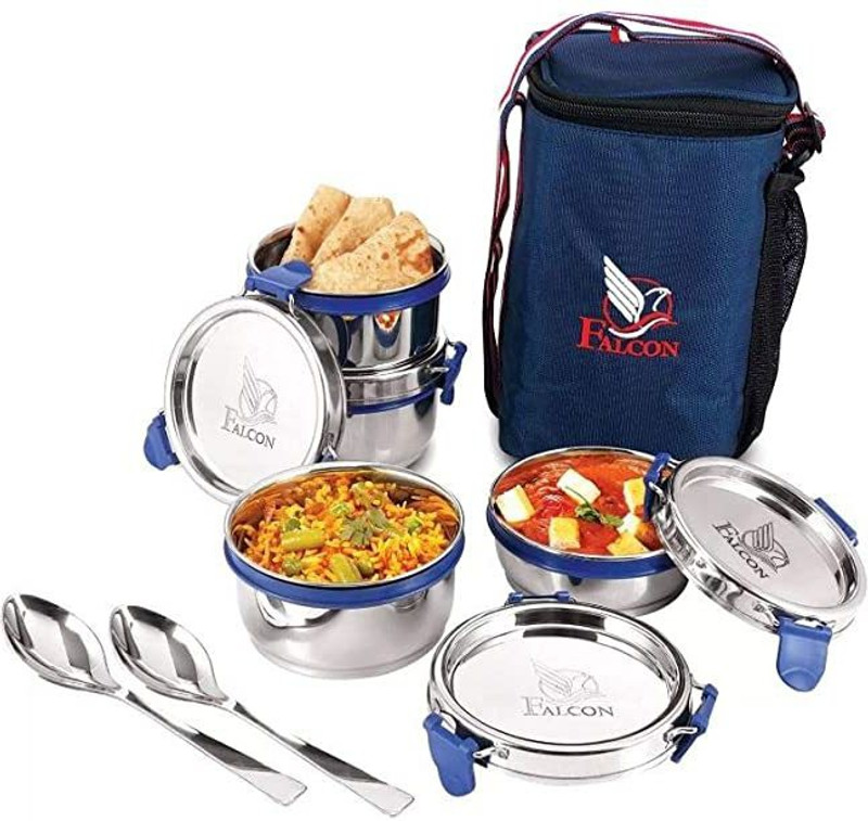 FALCON Eco Nxt Stainless Steel Tiffin with Bag Pack of 2-300ml 2 Containers Stainless Steel Office Lunch Box(600 ml)