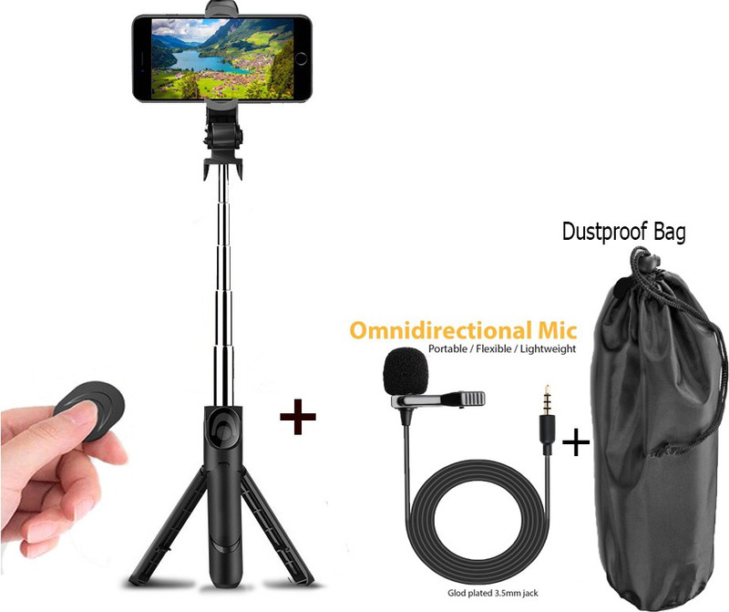 PULTO Bluetooth Selfie Stick Stand Make Videos spotting scope Tripod + Collar Mic Single Gimbal for Mobile(500)