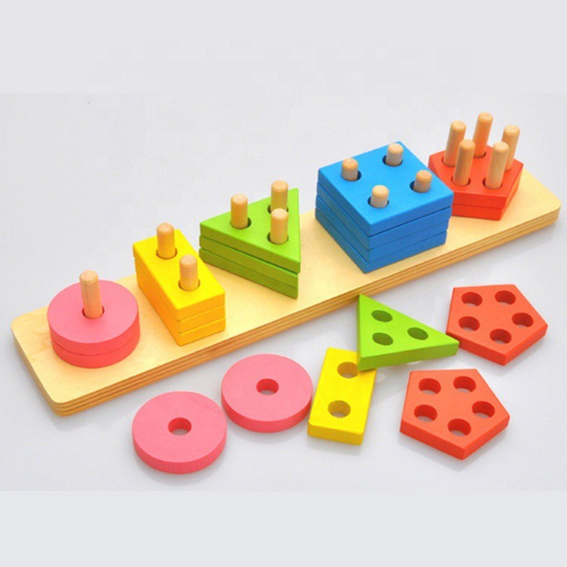 poksi Wooden Geometric Shape Sorter/Matching Puzzle for Kids - 5 Pillar, Rectangular Multi color Non Toxic Toy for Children(Brown)