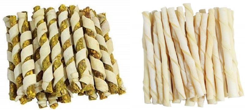 SAWAY Dog Rawhide Chicken Spirral Munchy (Yellow) 150Gr & Dog Milky Calcium Sticks 150gr (Pack Of 300gr) Chicken, Milk, Beef Dog Chew(300 g, Pack of 2)