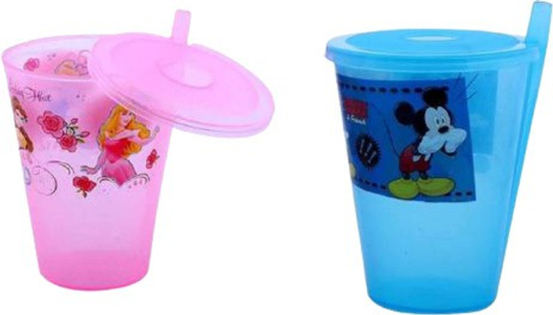 Tekzie Disney Sipper Glass with Straw and Lid for Kids (Blue and Pink) - Pack of 2(Multicolor)