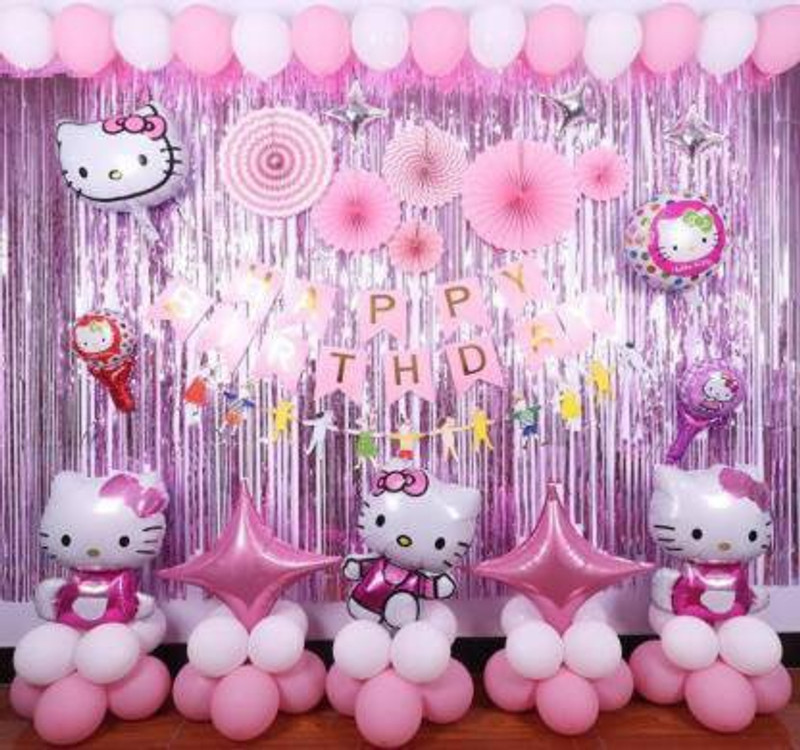 Shmaya Solid 3 kitty theme balloon-13 pc happy birthday banner,3 kitty foil,4 star foil, 2 curtain30 balloon. pack of 52 Balloon(Pink, Pack of 52)