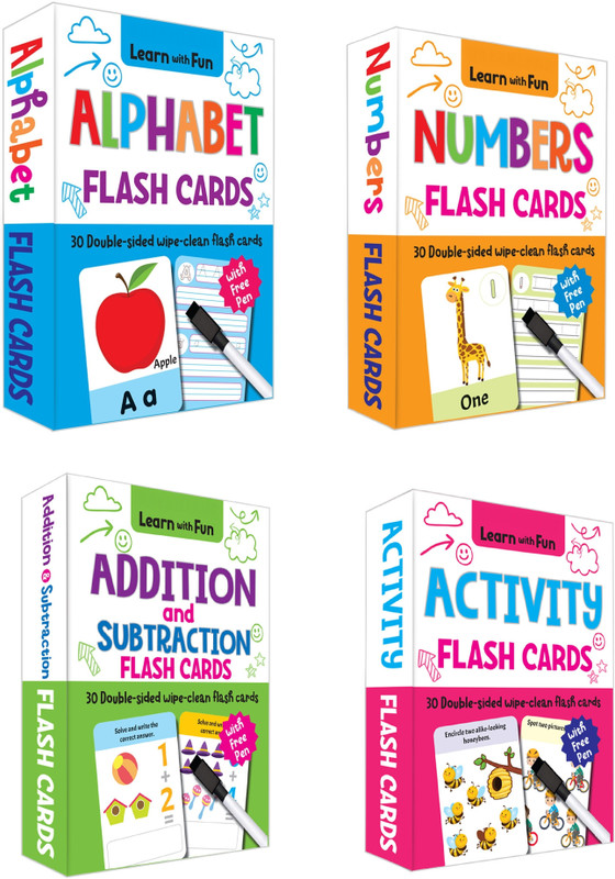 Kiddie Castle Pack of 4 Flash Cards Alphabets, Numbers, Addition and Subtraction, Activity 120 Double Sided Cards With Free Pen(Multicolor)