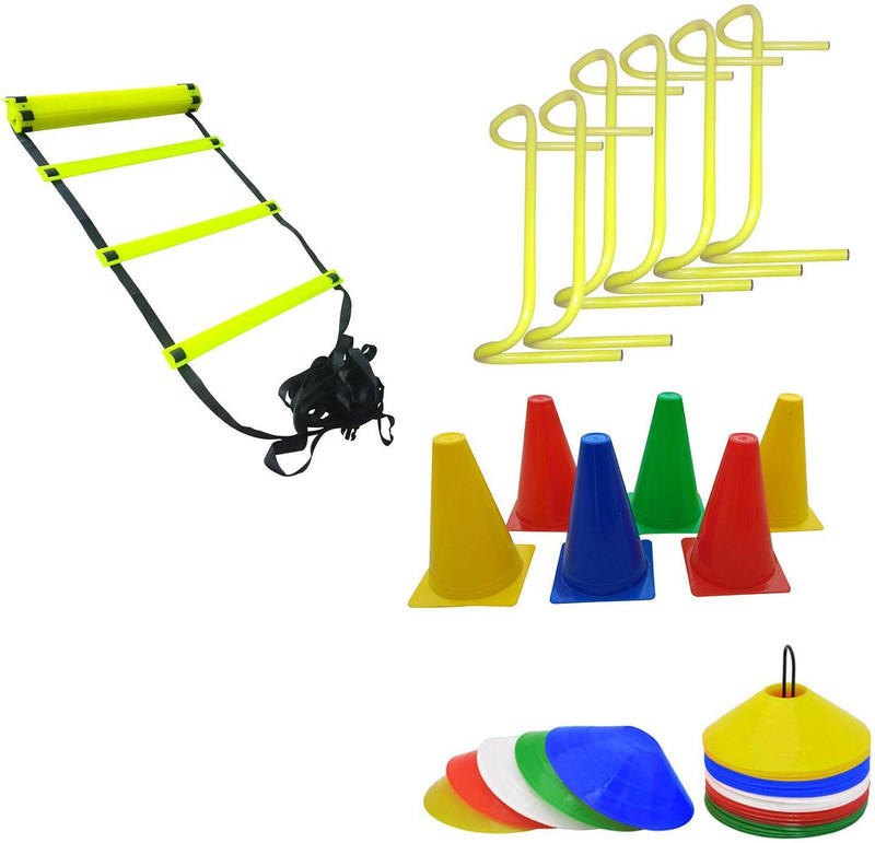 YMD Combo of Plastic Flat Adjustable Speed Agility 4m Ladder with 10 Rungs, 6-Pieces 6-inch Agility Tube Hurdle and 40 Saucer Cones PVC Speed Hurdles(For Adults, Children Pack of 6)