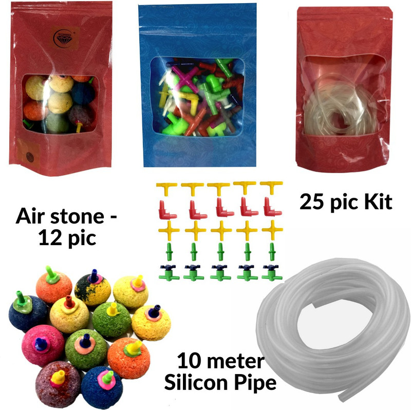 Nitishree Super Soft Silicon Oxygen Pipe Pump Hose-Air Bubble Stone Aquarium Fish Tank White, 10 M/4x6 Mm Air Tube with 12pcs Air Stone and Air Tube Outlet Multicolor Connector 25 Pieces Aquarium Air Stone(12 Stones)