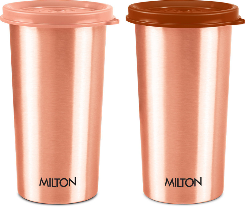 MILTON Copper Drinking Water Tumbler with Lid, Set of 2, Copper (Lid Colour May Vary) 480 ml Copper Bottle(Pack of 2, Copper)