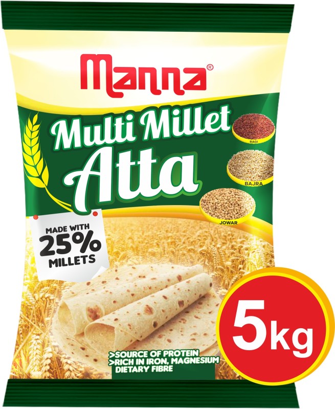 Manna Multi Millet Atta – 5kg – MultiGrain Atta with 25% Millets, Tasty and Healthier Rotis everyday. 100% Natural Flour. Nutrient Powerhouse