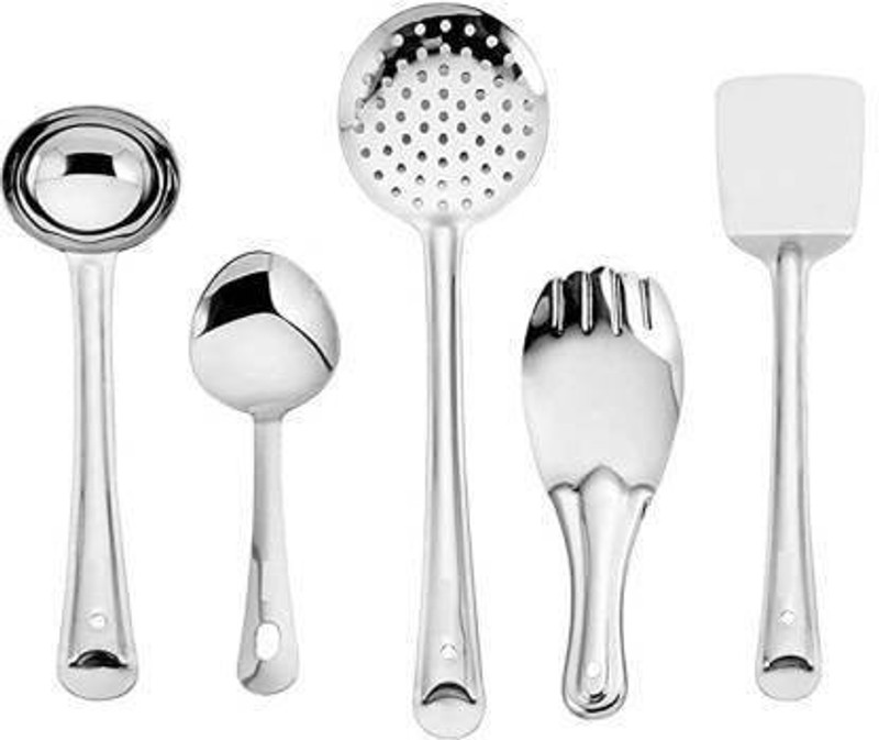 Bekner Stainless Steel Cooking and Serving Spoon Ladle Set, 5-Pieces Kitchen Tool Set(Spatula, Ladle, Skimmer, Cooking Spoon)