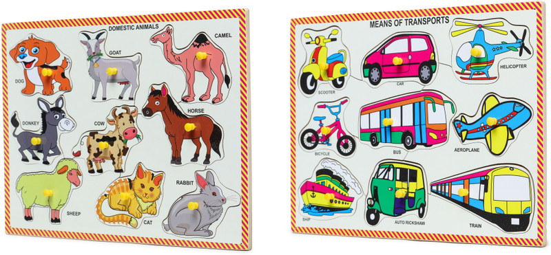 Ashmi Wooden Combo Transports & Domestic Animals Pictures with Knobs pegged Age 2(Multicolor)