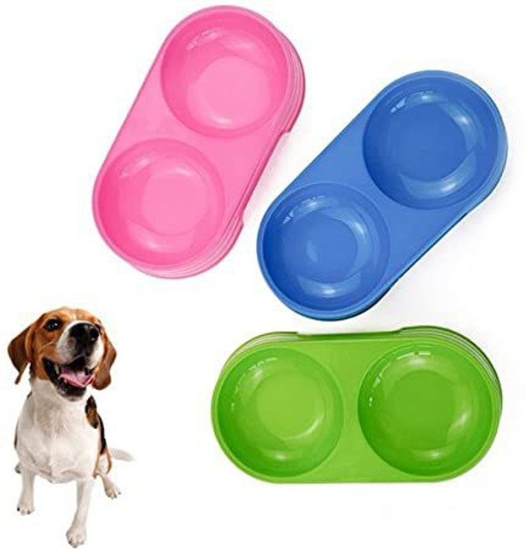 Woofy Non-Slip, Non-Toxic Pet Feeding Plastic Cat Face Shaped Double Bowl Food & Water Feeder 2-in-1 Bowl for Dogs and Cats (Color May Vary) Round Plastic Pet Bowl(10 ml Multicolor)