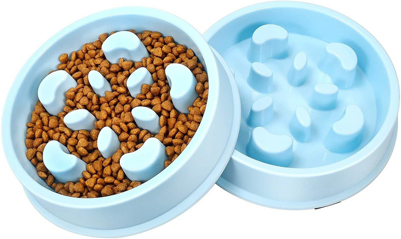 Woofy Slow Feeder Dog Bowl Fun Feeder No Chocking Slow Feeder Bloat Stop Dog Cat Food Water Bowl with Funny Pattern (Set of 2) Round Plastic Pet Bowl(10 ml Blue)