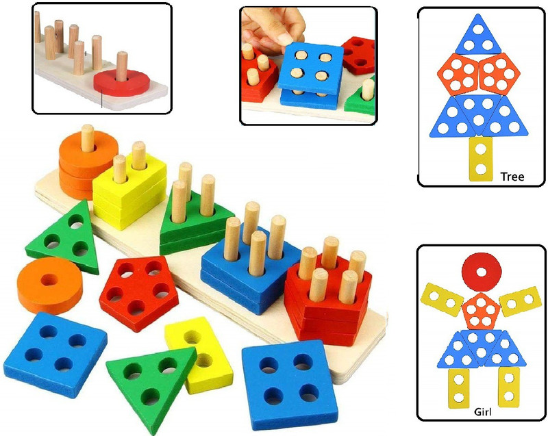 CrazyBuy Wooden Color Recognition & Shape Sorter, Colorful Geometric Board Sorting & Stack Chunky Puzzle Toys for Kids(Multicolor)