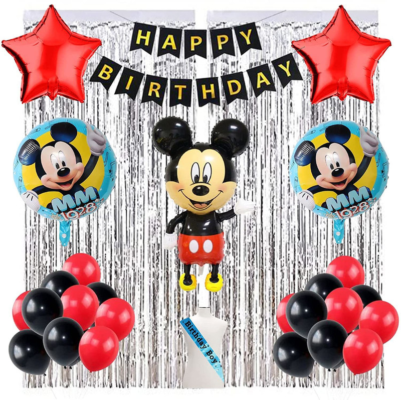 Shmaya Mickey Mouse Theme Birthday Decorations Kit Combo of 62 Pcs for Baby Kids Boys, Mickey Mouse Foil Balloons, Birthday Sash & Banner, Red & Black Balloons, Silver Curtains