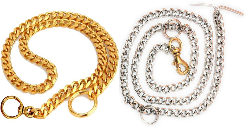 FONDLE Pets Dog Training Brass Choke Chain Collar and dog Brass Hook Chain Leash For all breed of dogs 160 cm Dog Chain Leash(Gold, Silver)