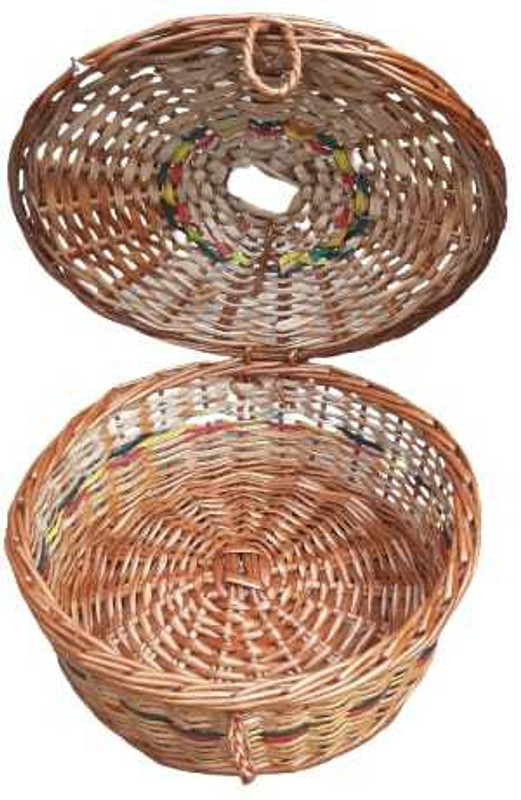 Brailley Handicraft Bamboo Bamboo Round Basket With Attach Lid Storage Basket(Pack of 1)