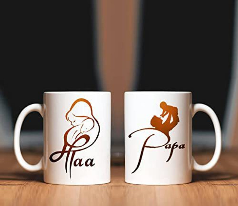 WINGS MART Maa Papa Printed Ceramic Set Of 2 330 ML For Father Mother Anniversary Ceramic Coffee Mug(330 ml, Pack of 2)