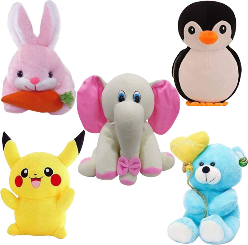 Toyhaven Exclusive and Unique combo of 5 adorable and lovely soft toys for kids and special occasions/ SITTING ELEPHANT , PENGUIN, PIKACHU , RABBIT and TEDDY with 'I LOVE YOU' BALLOON / special stuffed toys for gifting and decoration  - 25 cm(Pink, Blue, Yellow, Black, Beige)
