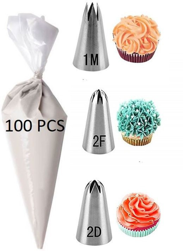 MAFAHH Standard Size Stainless Steel 1M and 2D, 2F & 100pcs Icing Piping Bags Steel Quick Flower Icing Nozzle Baking Pastry Decorating Tool Decorating Cake Nozzles Rose Flower Stainless Steel Multi-opening Icing Nozzle(Silver, White Pack of 103)