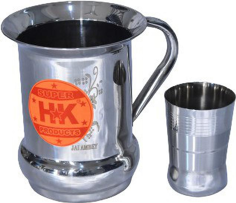 Super HK Stainless Steel 1 Laser Print Jug without LID & 1 Glass Jug Glass Set(Stainless Steel)