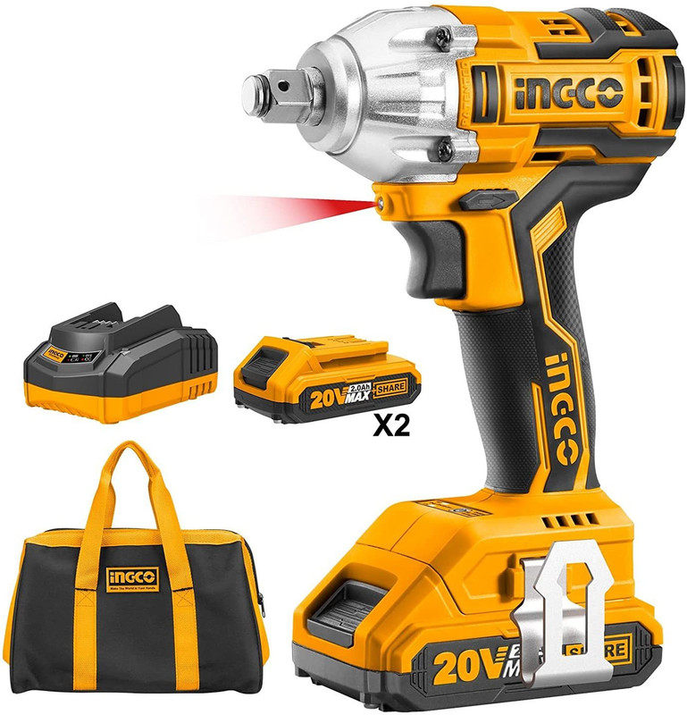 INGCO 20V machine with 2 pcs batteries and 1 pcs charger Cordless Impact Wrench(1/2 inch)