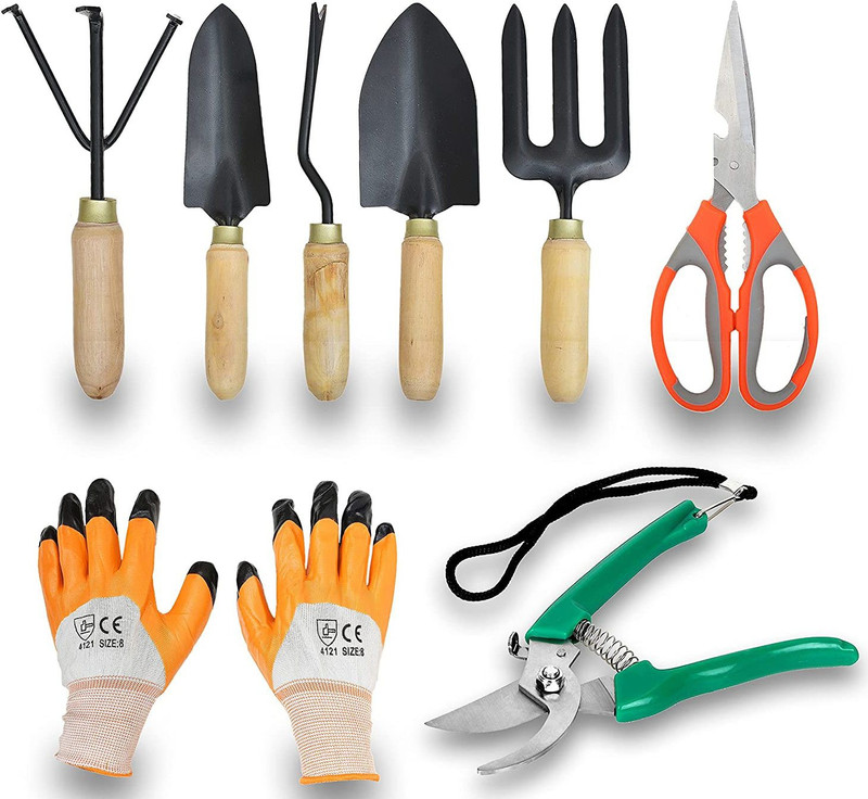 JetFire Gardening Tools Set of 5 With Pruner & Multipurpose Gloves Black Garden Tool Kit(7 Tools)