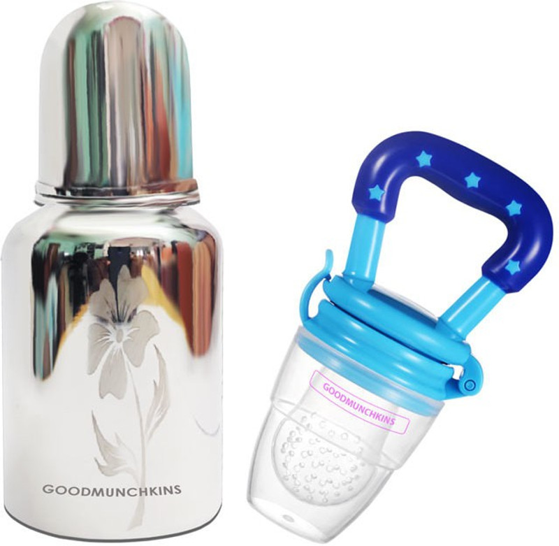 Goodmunchkins Stainless Steel Feeding Bottle 150ml -Silicon Fruit Feeder 1Bottle+1Fruit Feeder Teether and Feeder(Blue)