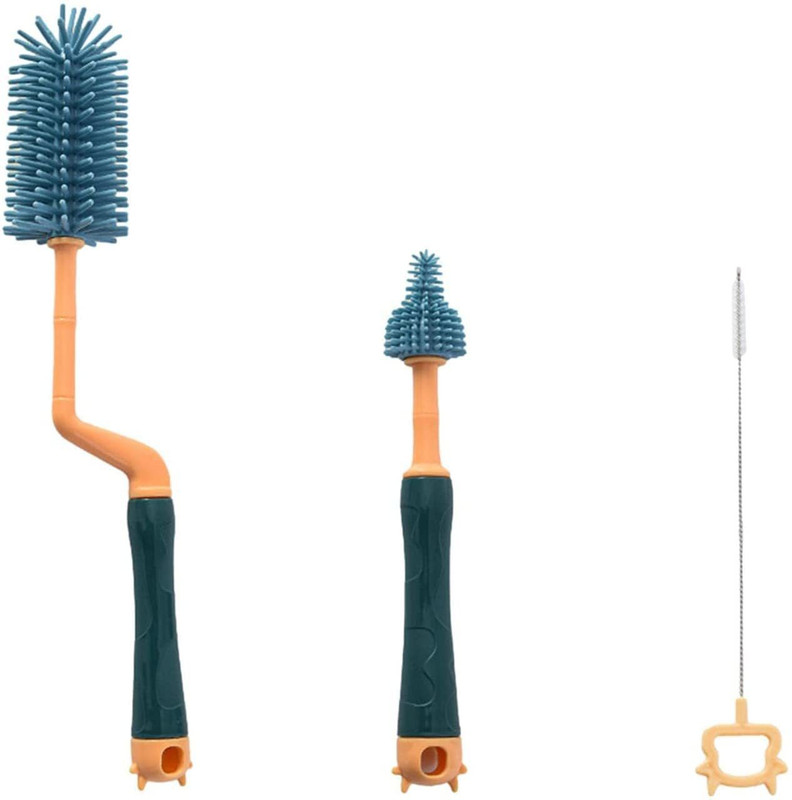 SYGA 3 Pcs Silicone Baby Bottle Brush Set, 360° Rotating Long Handle Water Bottle(Blue)