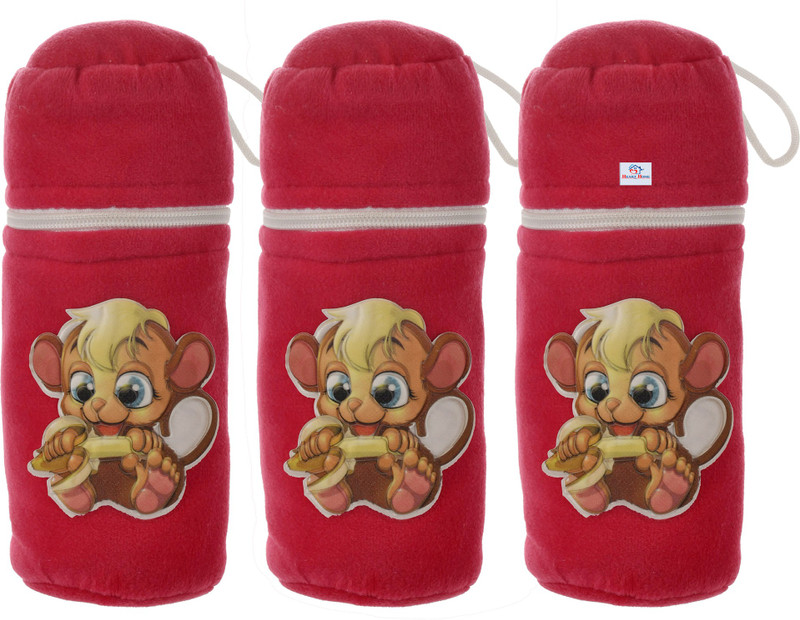 Heart Home Cartoon Printed Velvet Newborn Baby Feeding Bottle Cover, Pack of 3 (Pink)(Pink)