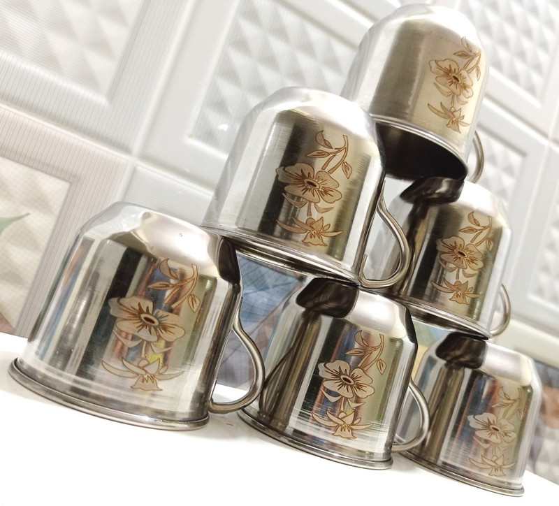 mystic Pack of 6 Stainless Steel tea cup set of 6/ Coffee Mug/ Chai Cup - Laser Print(Silver, Brown, Cup Set)