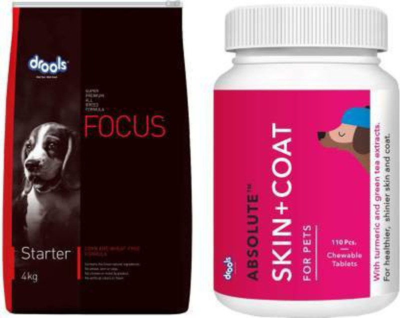 Drools Focus Starter Dog Food 4kg and Drools Absolute Skin + Coat Tablet 110 Pcs/400gm Chicken 4.4 kg (2x2.2 kg) Dry Adult Dog Food