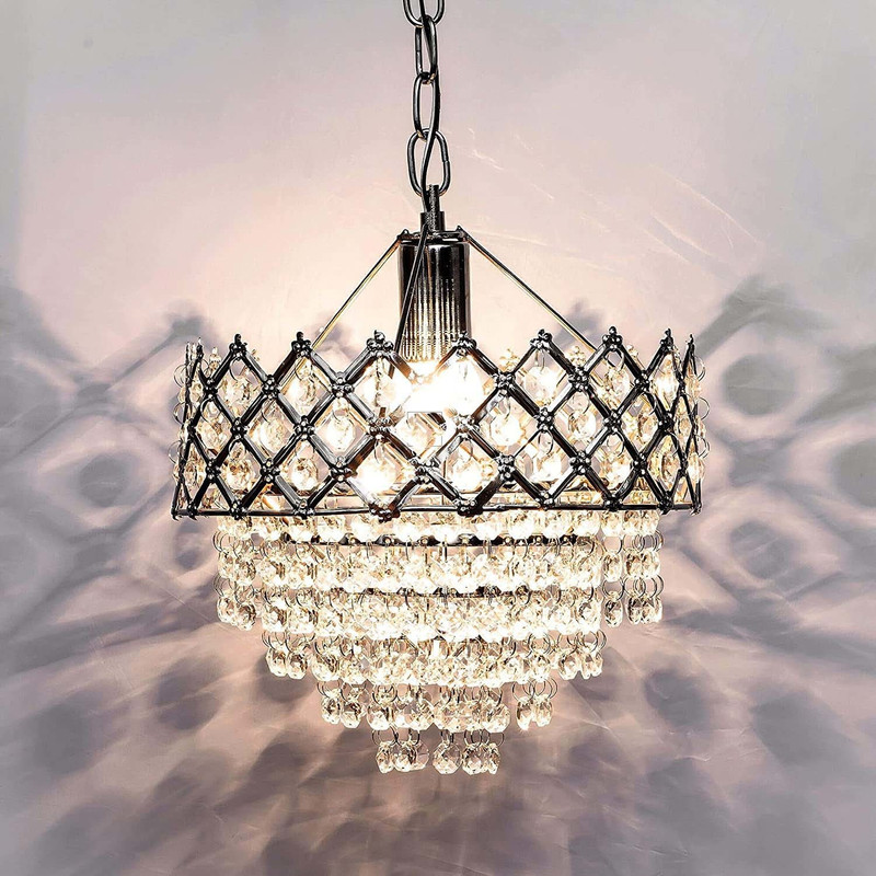 Shri Mahal Antiques 200mm Precious Crystals, Round Shaped Steel Finished Pendant Chandelier Ceiling Lamp(Gold)