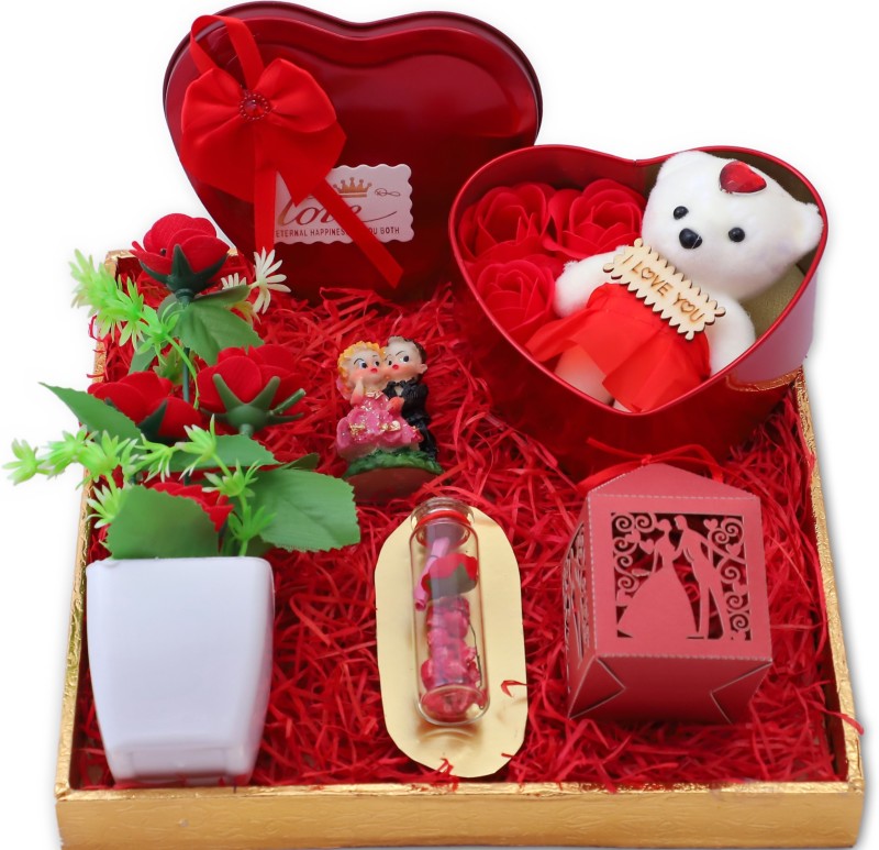 MANTOUSS Valentines Day Gift ,Chocolate Box+Heart Box+Small Couple Figurine Combo(Chocolate Box -1, Heart Box -1, Small Couple -1, Message Bottle -1, Flower vase-1)