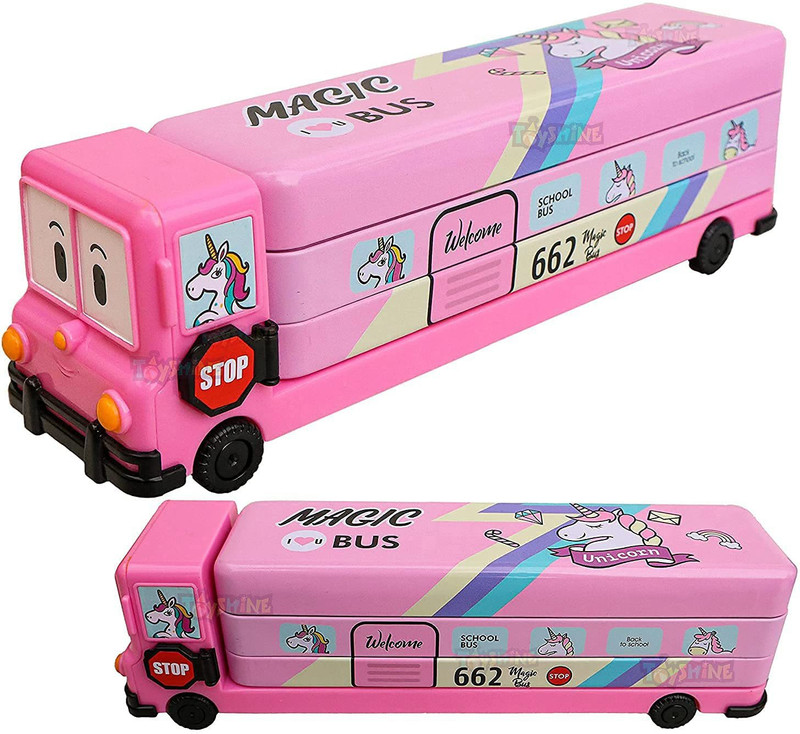 SR Toys Cartoon Printed School Bus Matal Pencil Box with Moving Tyres for Kids - Pink(Multicolor)