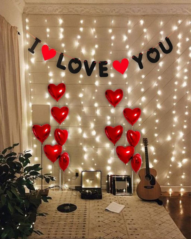 groovy dudz I Love You Banner with Led Light , Heart Balloons for Valentine Decoration(Set of 14)