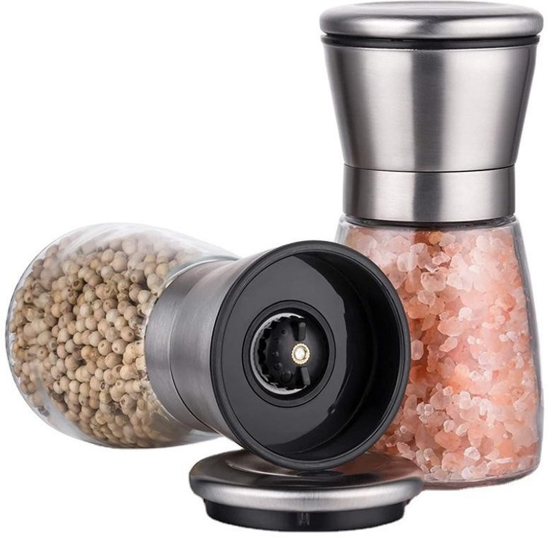 Rossella Manual Adjustable coarseness spice salt and mill pepper grinder shakers crusher Glass Squeeze Mill(Silver, Pack of 1)