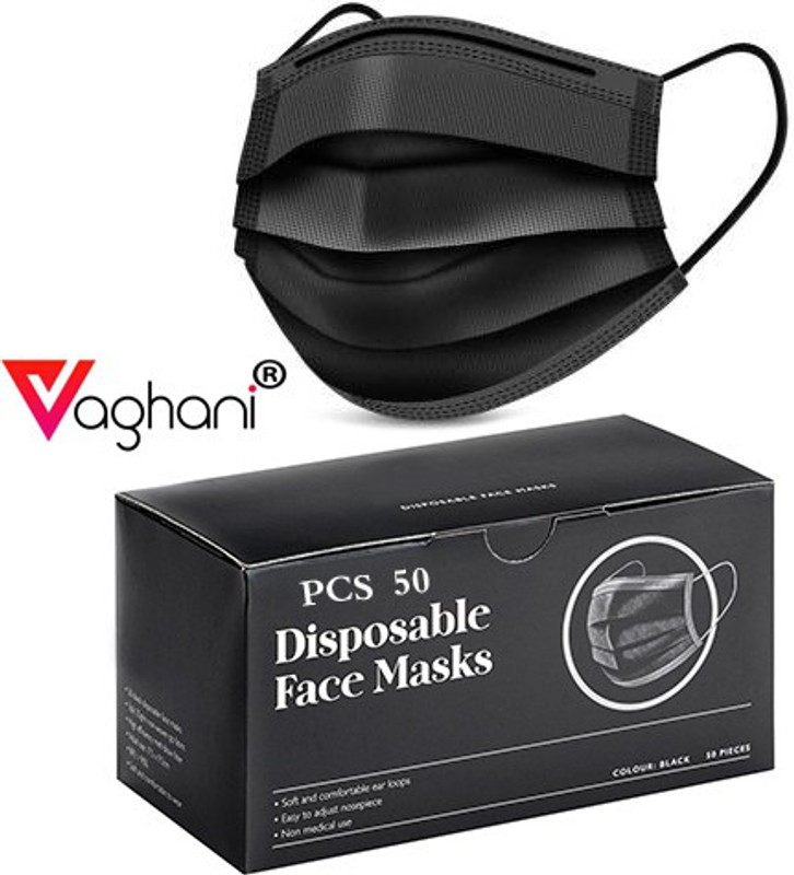 Vaghani 50 Pcs Black Nose Pin Disposable Iso Mark 3 Ply Pharmaceutical Polluation Mask 3 Ply Surgical Mask 50 Piece ( Black )( 75 Gsm )( Primium ) Surgical Mask With Melt Blown Fabric Layer(Black, Free Size, Pack of 50, 3 Ply)