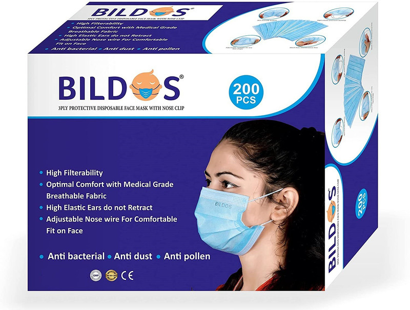 BILDOS Mask With Nose Pin and Ultrasonically Welded Ear Loop in Box Packing 200 Pcs Surgical Mask With Melt Blown Fabric Layer(Blue, Free Size, Pack of 200, 3 Ply)