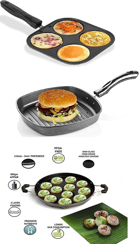 RBGIIT Pack of 3 Aluminium, Stainless Steel Multi-Snack Maker 4 in 1 Mini Pancake Appam Ptra Pongal Wada Idii Grill Pan Dinner Set(Black, Microwave Safe)