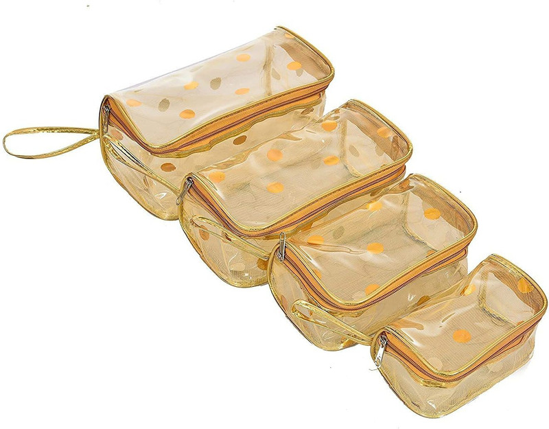 Sanchi Creation 4 Piece Transparent Printed Makeup Cosmetic Toiletry Travel Vanity Box Golden Cosmetic Bag(Pack of 4)