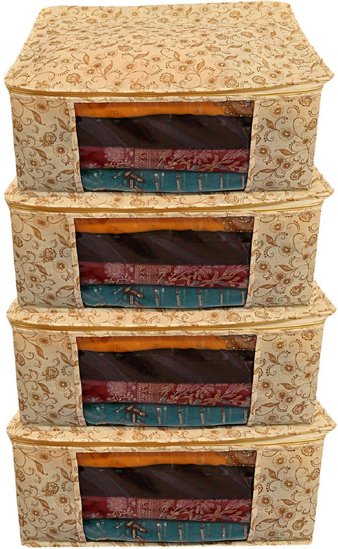 KUBER INDUSTRIES Designer Metallic Print 4 Piece Non woven Saree Cover Set, Brown CLOUDTNEWMETALIC05(Brown)
