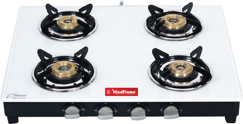Hindflame 4 Burner Marvel White Toughened Glass Manual Gas Stove(4 Burners)