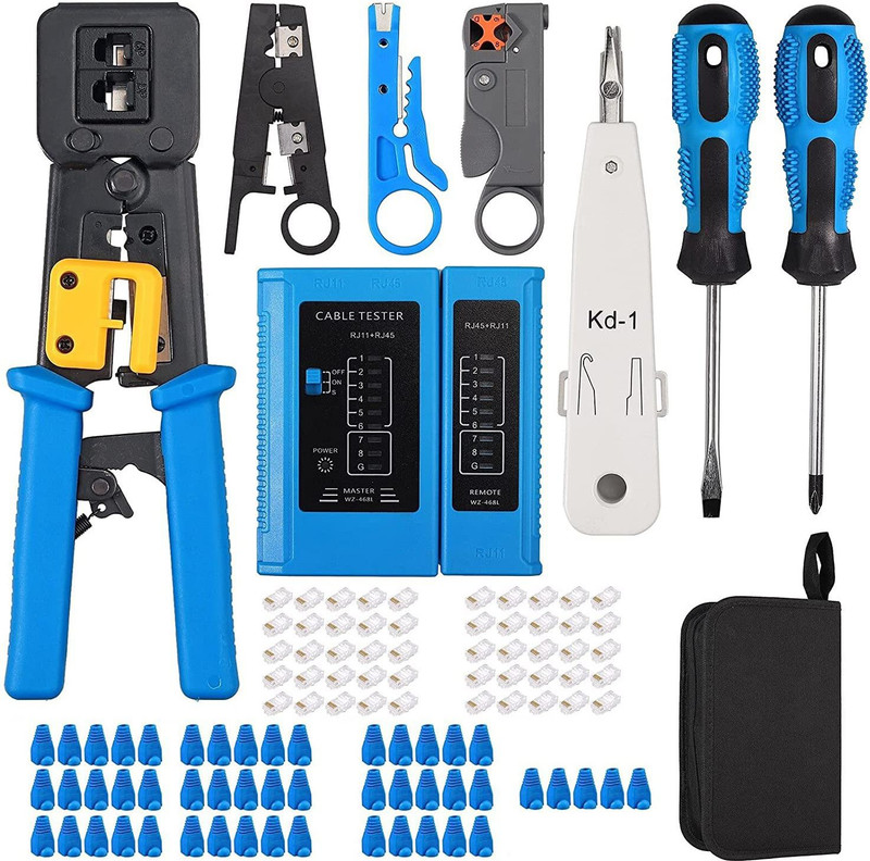 LipiWorld Crimp Tool Kit Cat5 Cat5e Cat6 RJ45 Crimping Tool,Network Cable Tester Network Interface Card(Blue&Black)