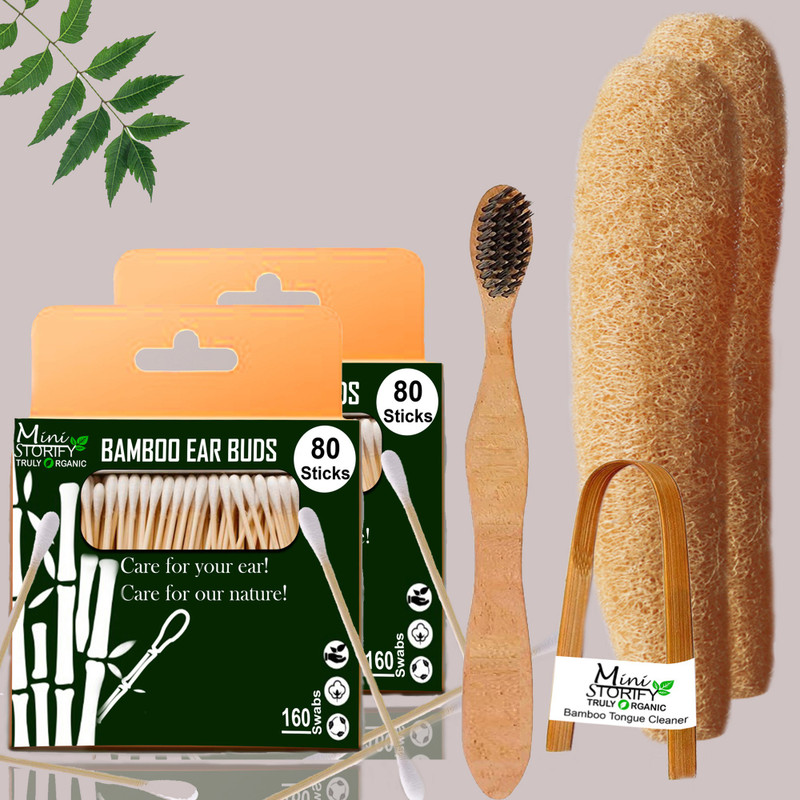Mini Storify Truly Organic 2 ear bud |1 Neem Adult toothbrush|1 Neem tongue cleaner 2 Oval Loofah(6 Items in the set)