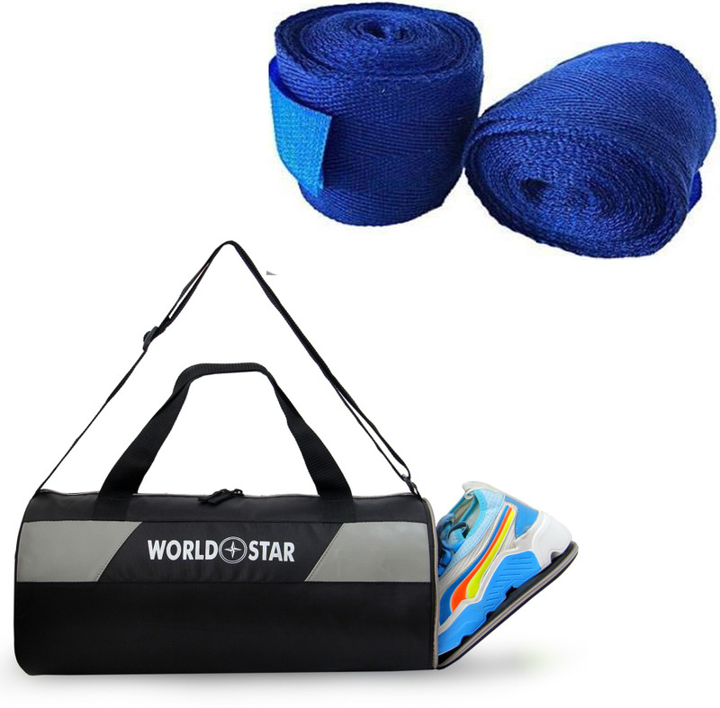 Worldstar Gym Duffel Bag Black Sports (black) gymbag shoe compartment with blue hand warp(Kit Bag)