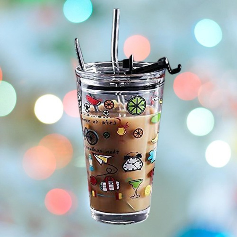 Fryio Glass Tumbler with Lid and Silicon Straw Coffee Mug Cup (300ml)42 300 ml Glass Sipper(Pack of 2, Multicolor)