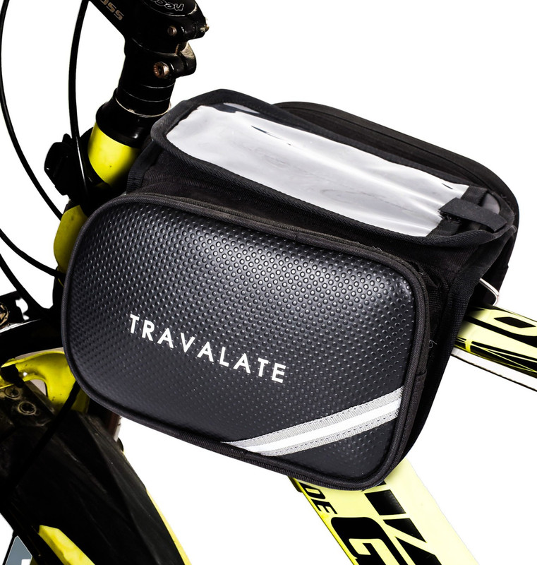 Travalate Polyester Bicycle Double Sided Front Frame Handlebar Bag – Top Tube Cycle Bag for up to 7 inch Phones (Black) Saddle Bag Black Polyester Motorbike Saddlebag