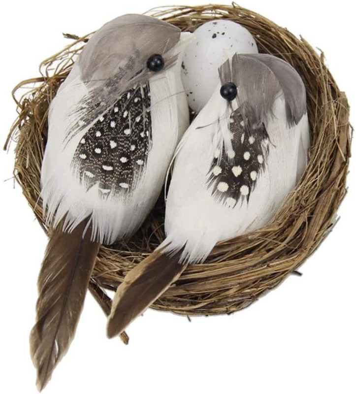 R H lifestyle Artificial Foam 2 Mini Birds with Nest & Eggs Ornaments, DIY Craft for Garden Bird House(Free Standing, Wall Mounting, Tree Mounting)