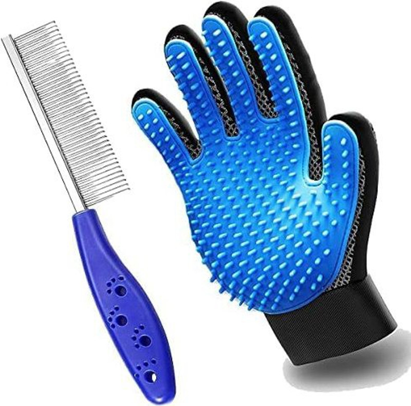 PSK PET MART Grooming Hand Glove + Dog Comb Grooming Combo Set Single Side Steel Comb Pet Spa Kit