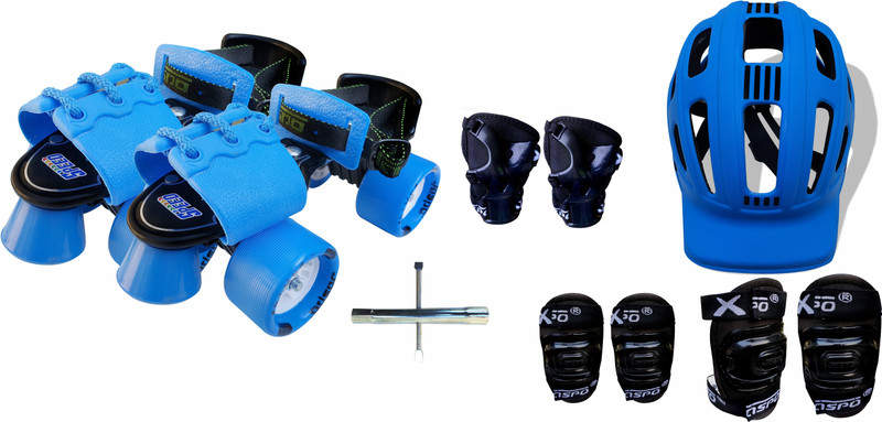 Jaspo Blue Derby Pro Adjustable Senior Roller Skates Combo Suitable for Age Group 6 to 14 Years Skating Kit